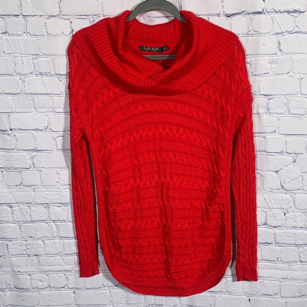 Lauren Ralph Lauren Womens Black Label Cable Knit Funnelneck Sweater Red Size S